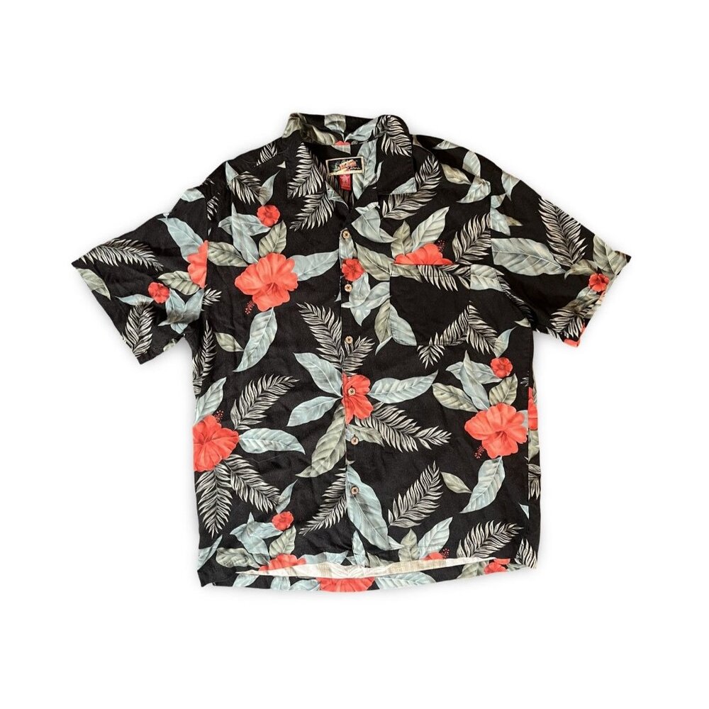 La Cabana Mens Black Pink Hibiscus Button Up Floral Hawaiian Shirt Size XL